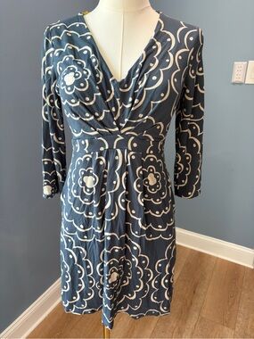 Boden Floral Wrap Jersey Dress Navy Cream 3/4 Sleeve US 6P UK 10P
